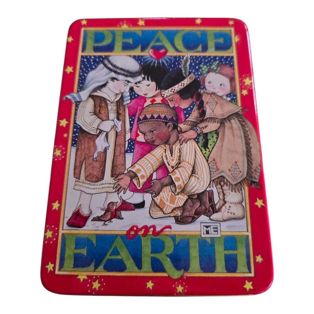 Mary Engelbreit Christmas Tin Peace on Earth All Nations Storage Box 6" X 4"